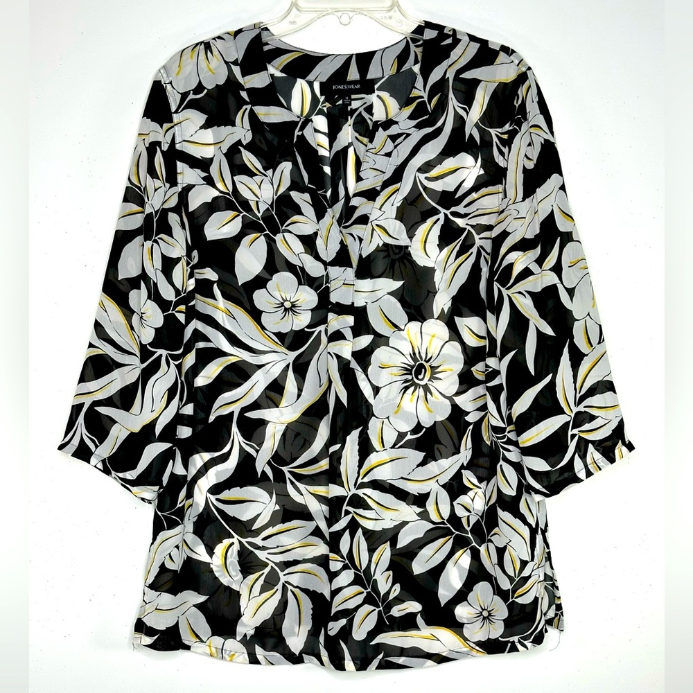 Jones Wear Black White With A Hint Of Yellow Floral Tunic 3/4 Sleeve Sz 14